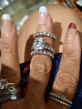 3PC WEDDING SET GENUINE SOLID STERLING SILVER CZ BELLA LUCE ASSCHER CUT ETERNITY